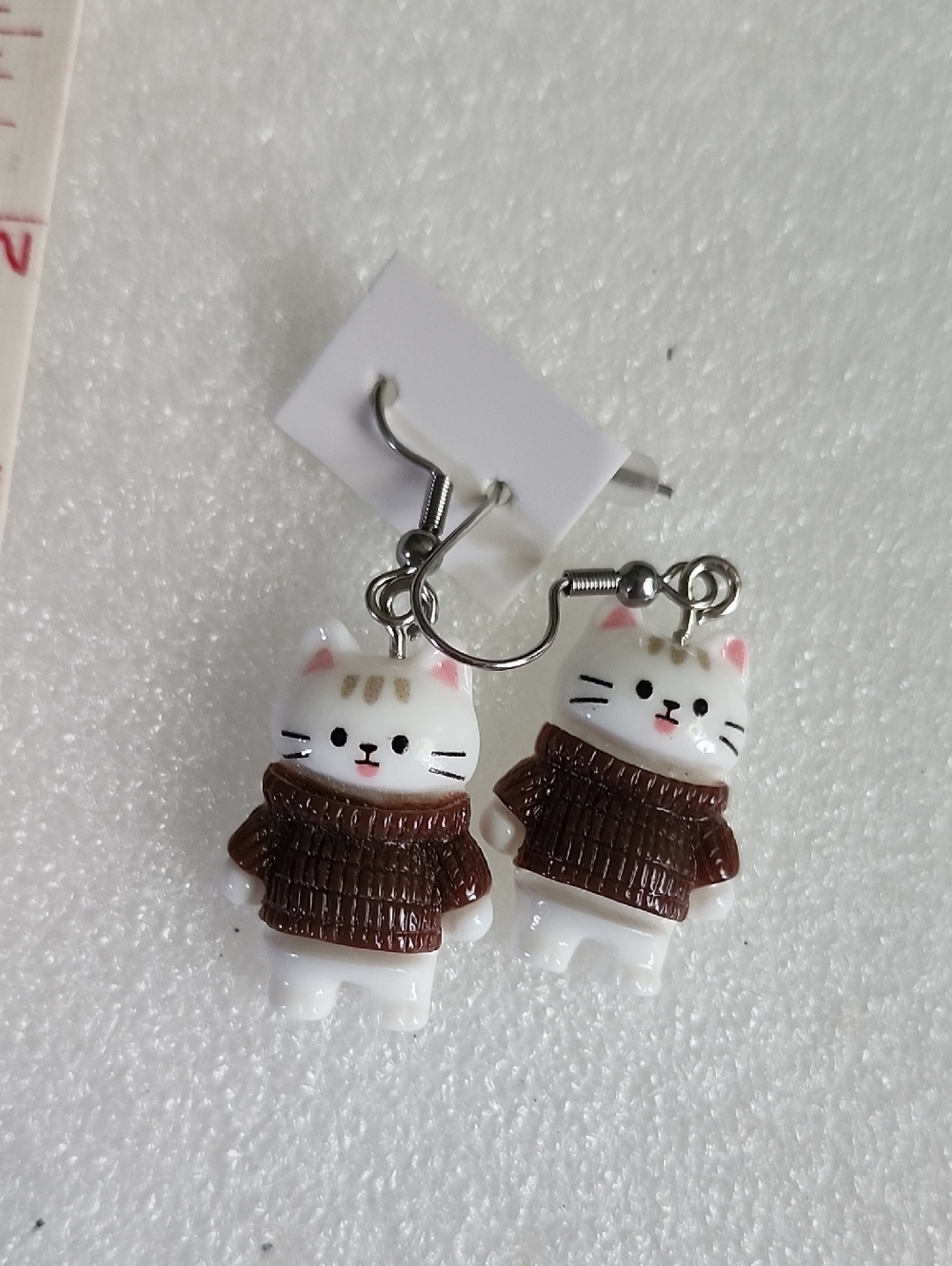 Hand Crafted White and Brown Cat Earrings